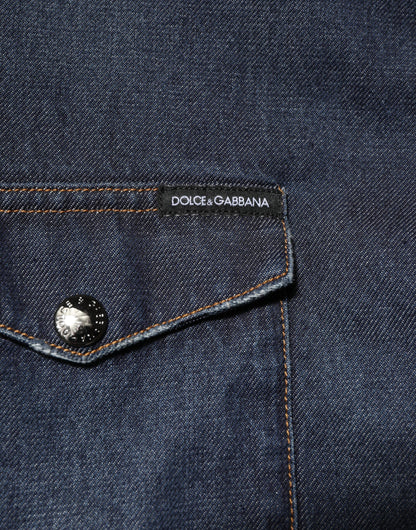 Dolce & Gabbana Blue Denim Button Casual Logo Patch Men Shirt
