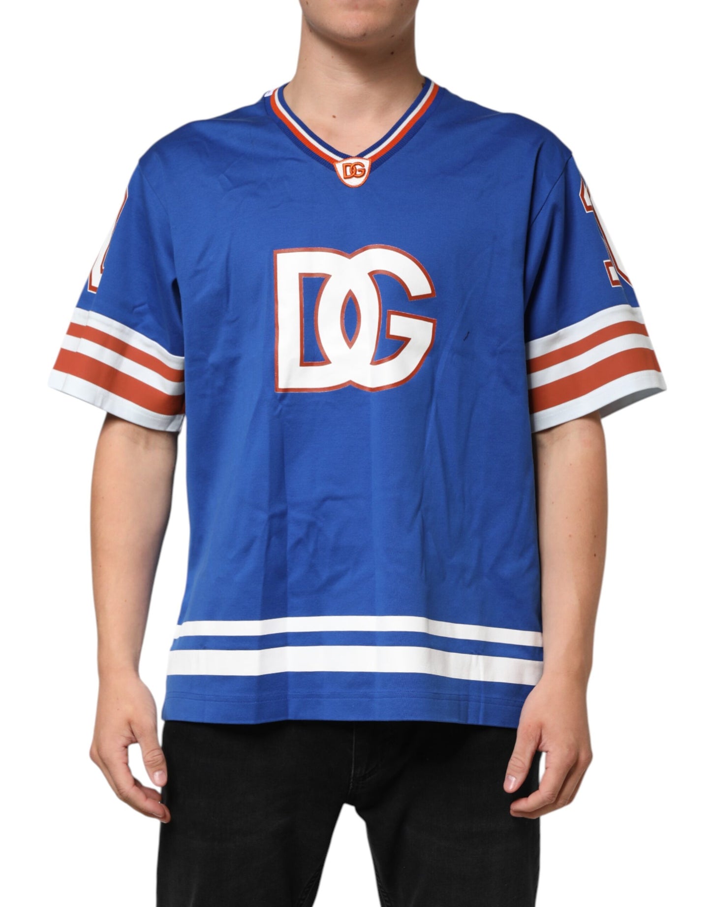 Dolce & Gabbana Blue Cotton DG Logo Mesh Jersey T-shirt