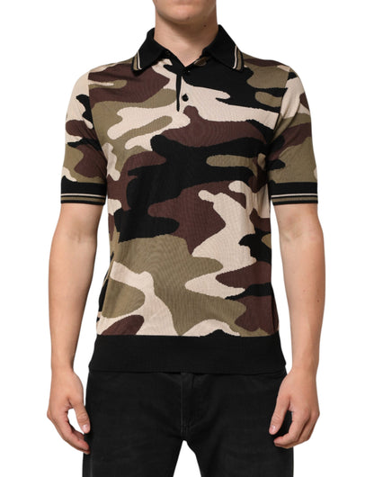 Dolce & Gabbana Camouflage Brown Silk Military Polo T-shirt