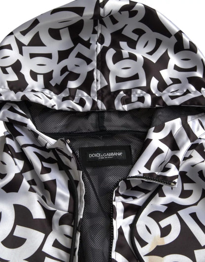 Dolce & Gabbana White Black Logo Hooded Full Zip Bomber Jacket