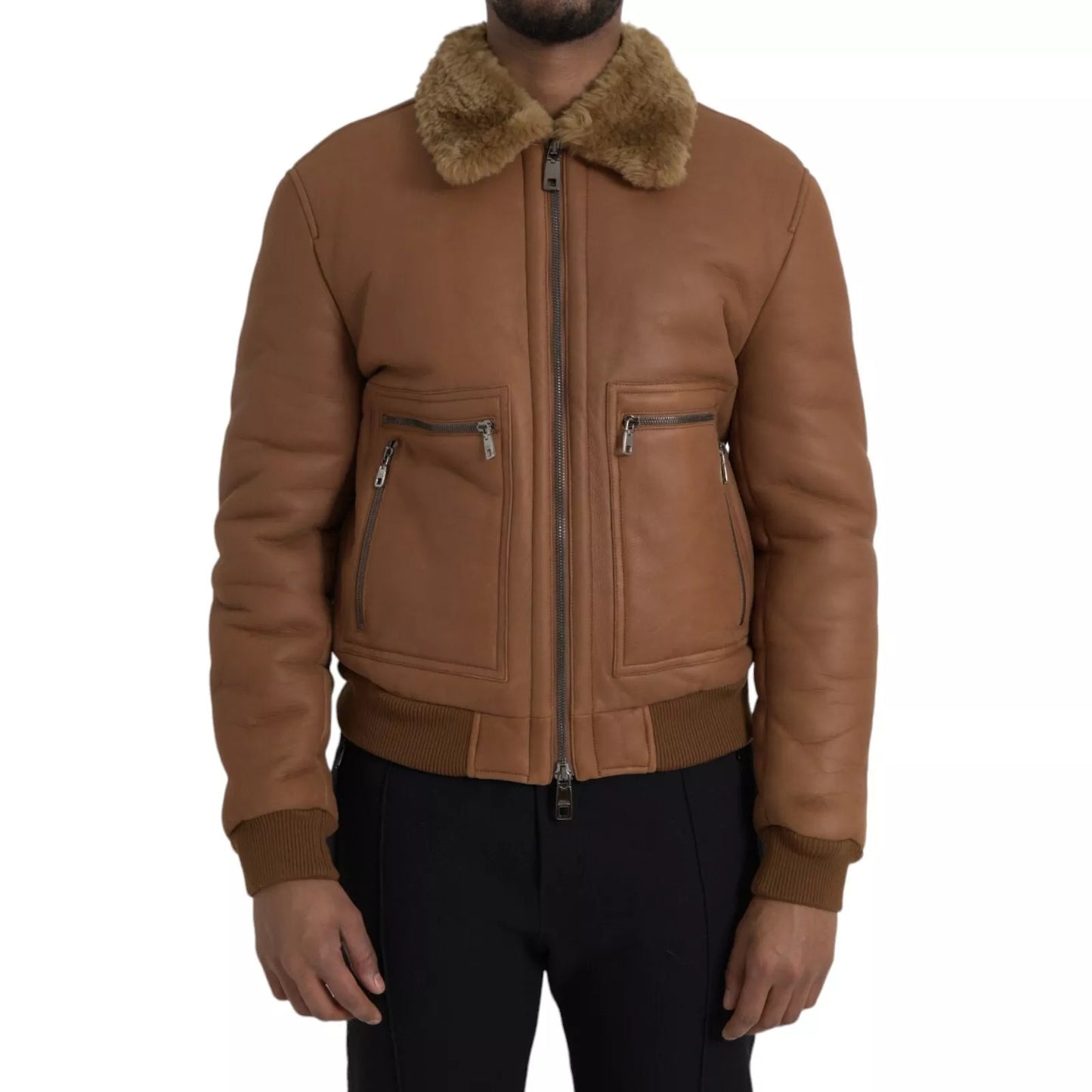 Dolce & Gabbana Brown Leather Fur Button Biker Coat Jacket