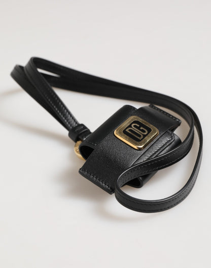 Dolce & Gabbana Black Leather Strap Gold Metal DG Logo Plaque Airpods Case