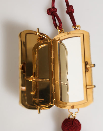 Dolce & Gabbana White Pearl Resin Gold Metal Red Tassel Pendant Bag