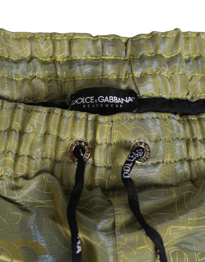 Dolce & Gabbana Green Polyester Metallic Logo Print Men Swimwear