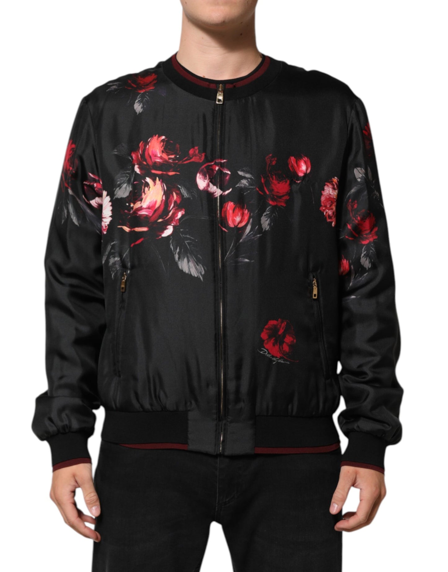 Dolce & Gabbana Black Red Floral Silk Bomber Blouson Jacket