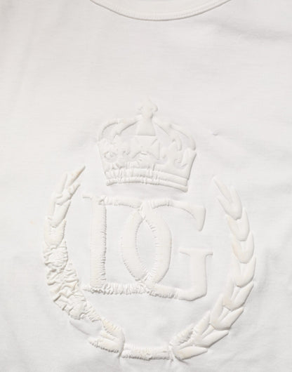 Dolce & Gabbana White Cotton DG Crown Embossed Men T-shirt