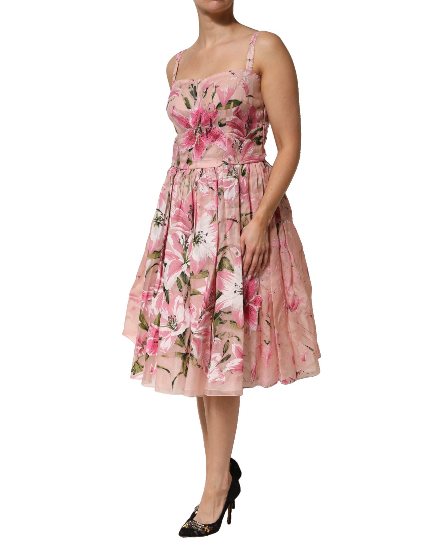 Dolce & Gabbana Pink Cotton Floral Pleated Sleeveless Dress