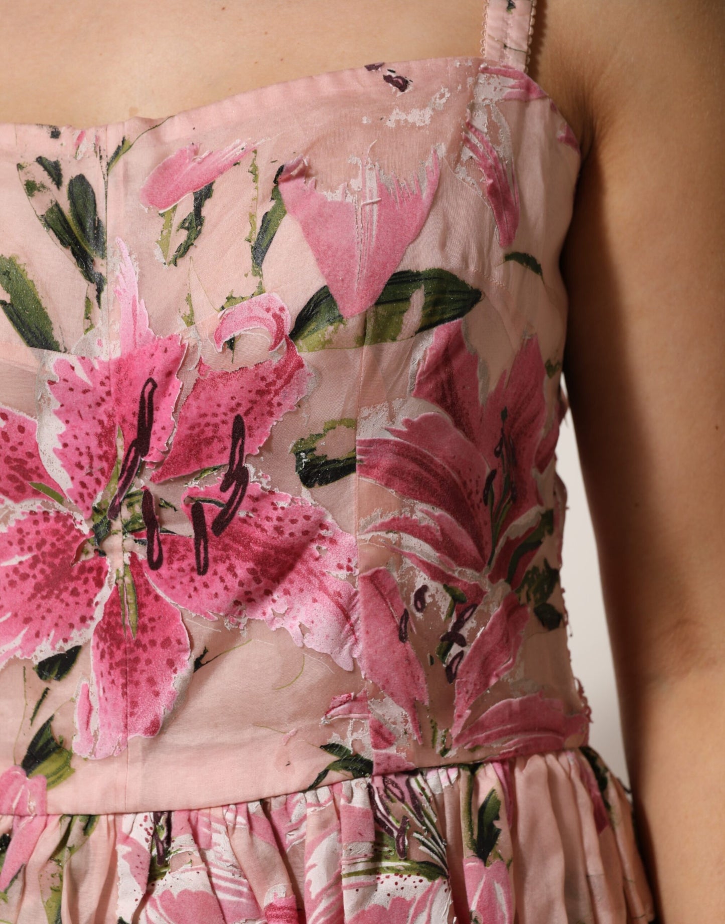 Dolce & Gabbana Pink Cotton Floral Pleated Sleeveless Dress