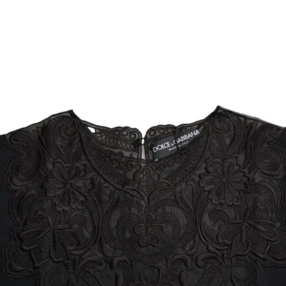 Dolce & Gabbana Black Silk Lace Trim Long Sleeves Blouse Top