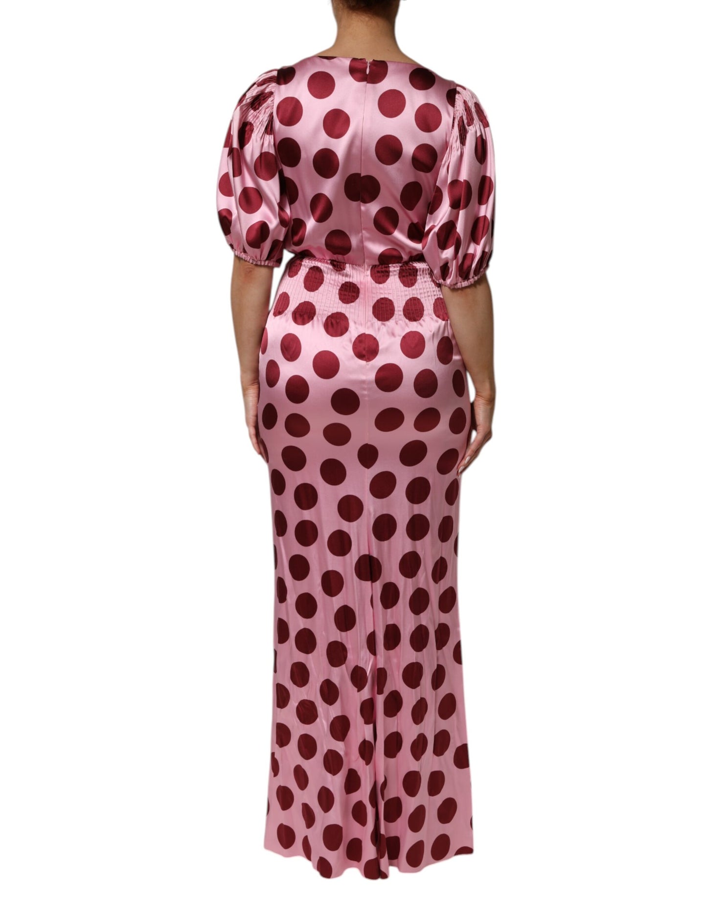 Dolce & Gabbana Pink Red Polka Dot Silk Satin Maxi Gown Dress