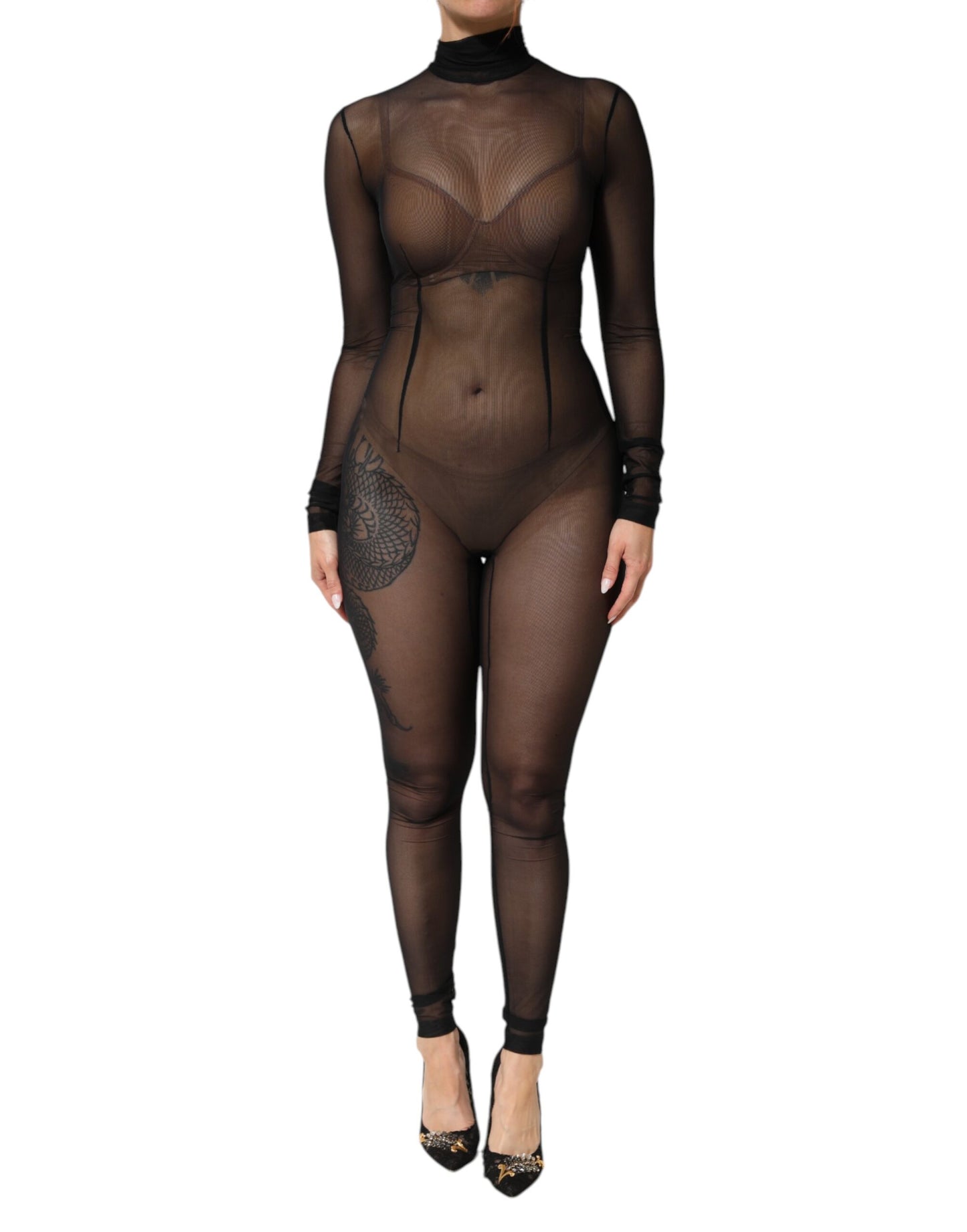 Dolce & Gabbana Black Sheer Mesh Long Sleeve Jumpsuit Bodysuit Dress