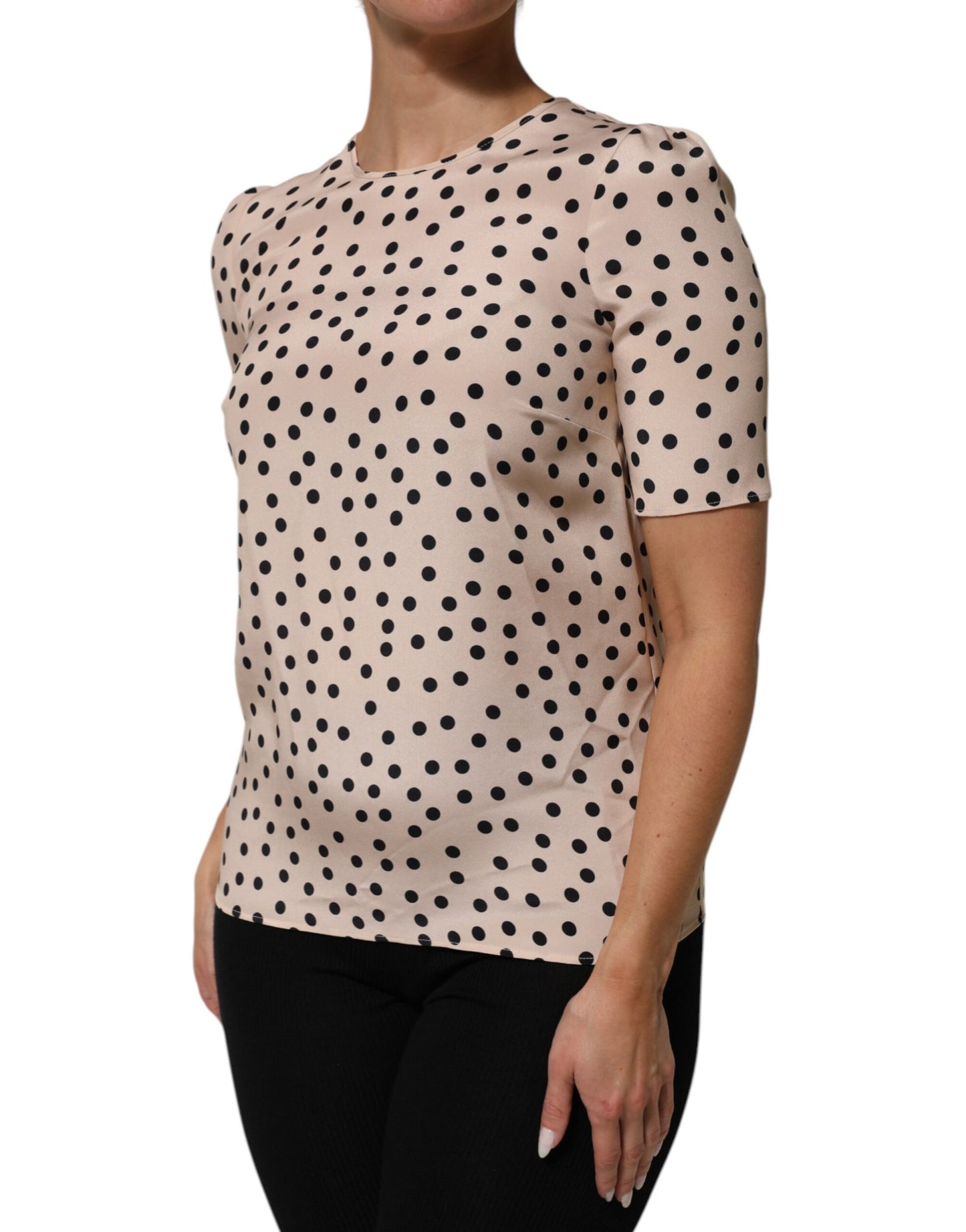 Dolce & Gabbana Beige Black Polka Dot Silk Short Sleeve Blouse Top