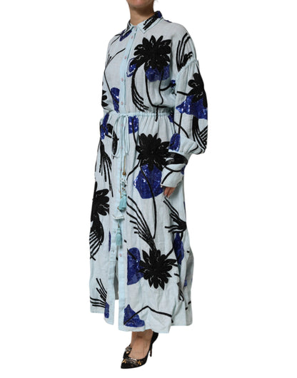 Christian Pellizzari Blue Sequin Embellished Shirt Maxi Dress