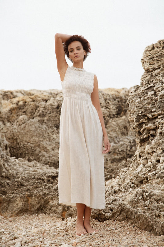 735 Alber Gathered Dress in Organic Cotton Muslin   Ecru non dyed white