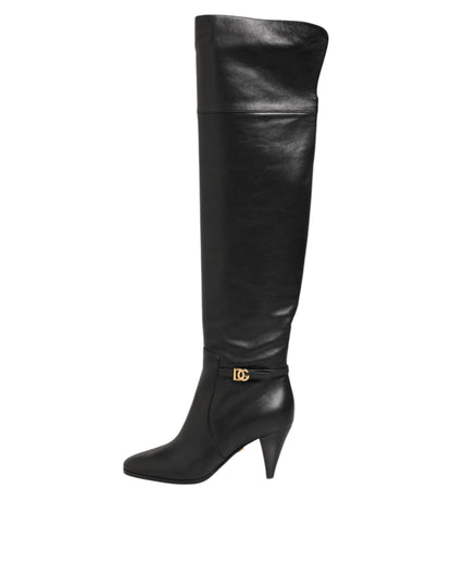 Dolce & Gabbana Black Leather Over-The-Knee DG Boots  Shoes