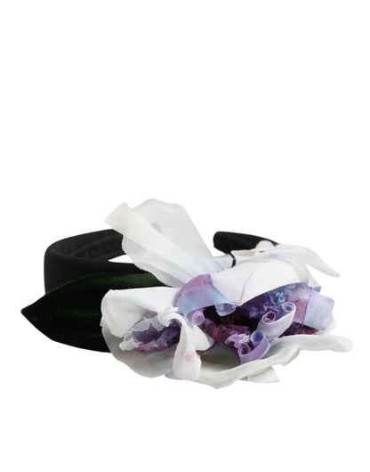 Dolce & Gabbana Black Green Silk Purple White Floral Appliqué Accessory Headband
