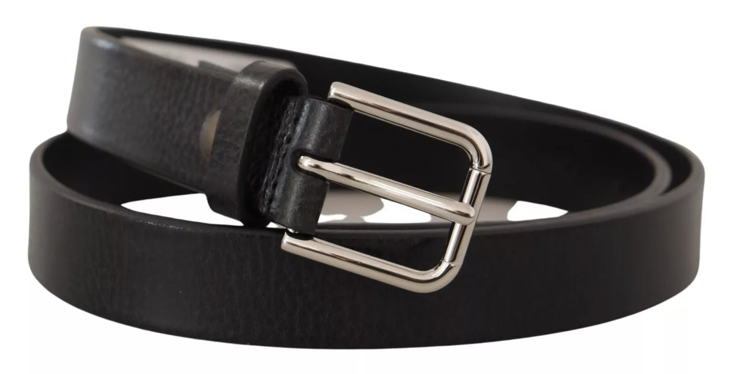Dolce & Gabbana Calf Leather Silver Tone Black Metal Buckle Belt