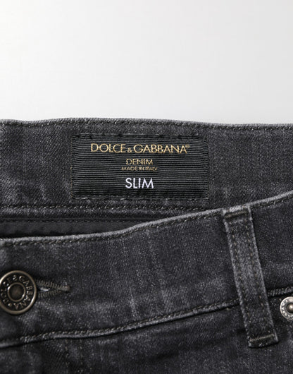Dolce & Gabbana Black Cotton Slim Fit Distressed Ripped Logo Jeans