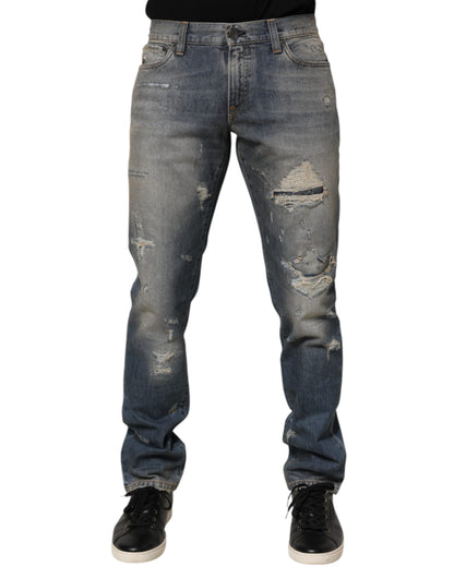 Dolce & Gabbana Blue Distressed Denim Slim Fit Pants Jeans