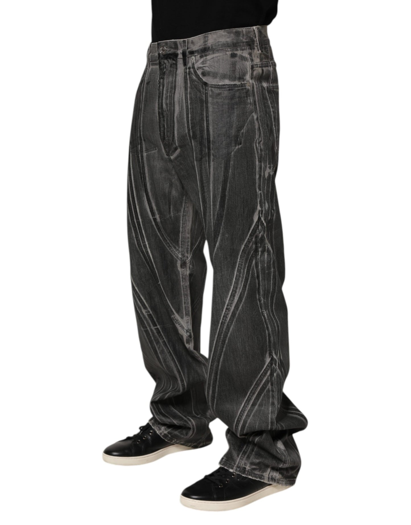 Dolce & Gabbana Black Grey Graphic Print Denim Pants Jeans