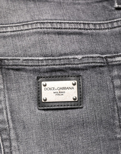Dolce & Gabbana Grey Cotton Denim Slim Fit Distressed Pants Jeans
