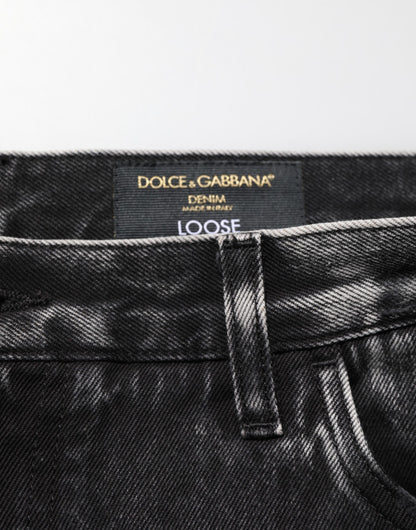 Black Washed Ripped Loose Cotton Denim Jeans