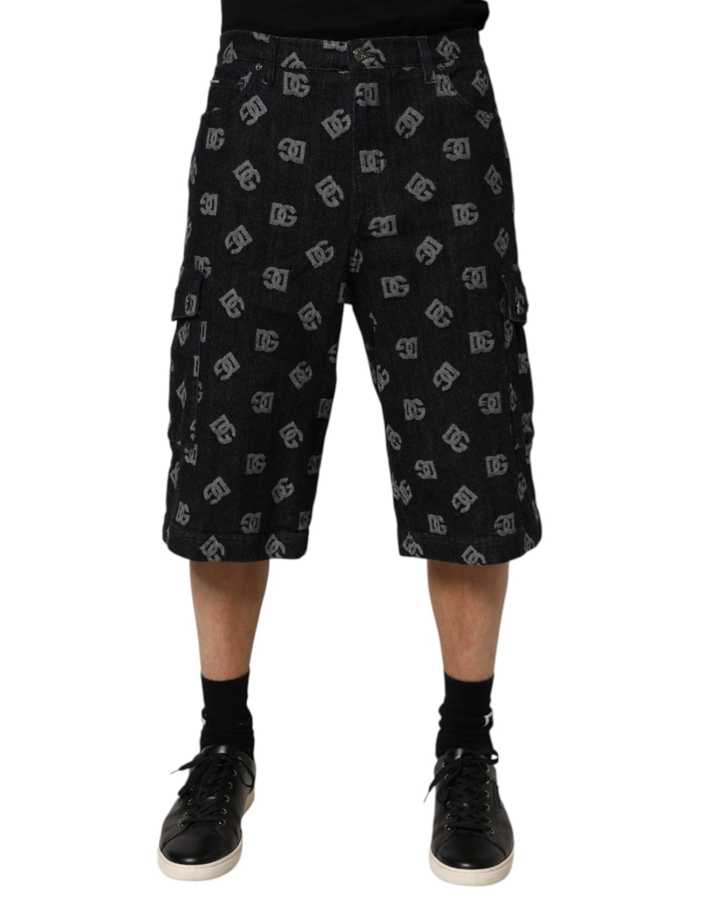 Dolce & Gabbana Black Monogram Denim Cargo Men Bermuda Short