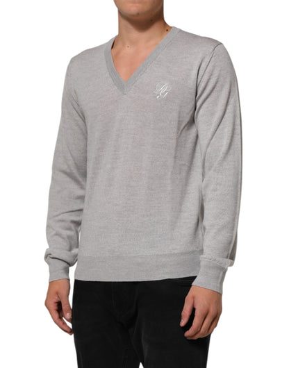 Dolce & Gabbana Gray Wool Knit Logo V-Neck Pullover Sweater