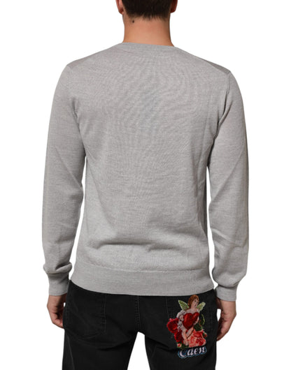 Dolce & Gabbana Gray Wool Knit Logo V-Neck Pullover Sweater