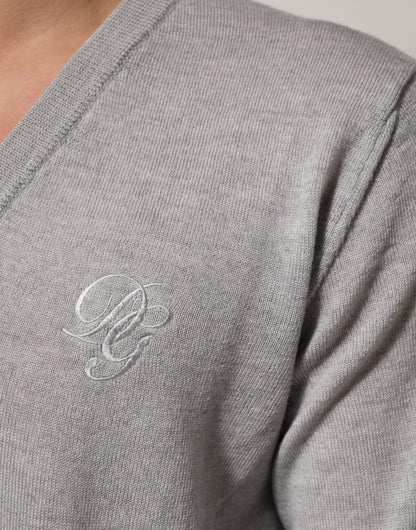Dolce & Gabbana Gray Wool Knit Logo V-Neck Pullover Sweater