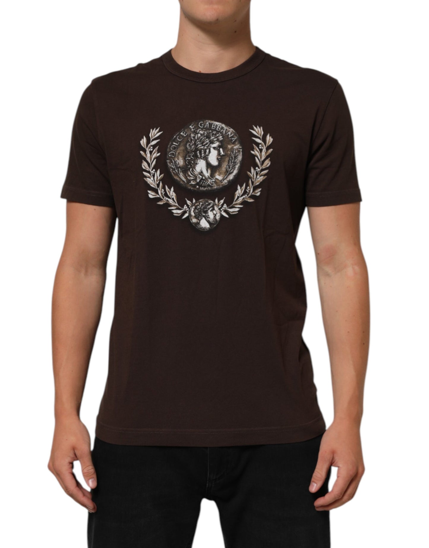 Dolce & Gabbana Brown Coin Laurel Print Men Crew Neck T-shirt