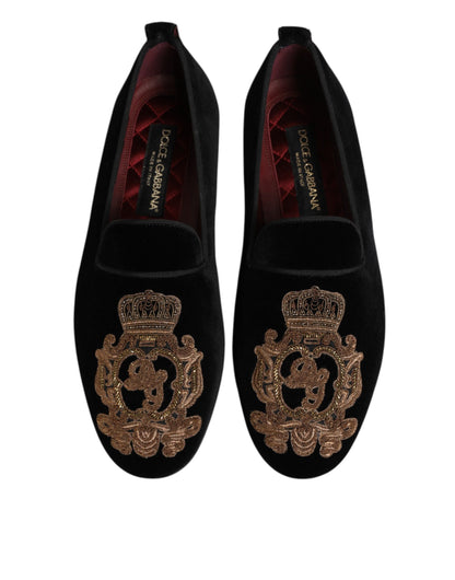 Dolce & Gabbana Black Velvet Gold Crown Mens Loafers Shoes