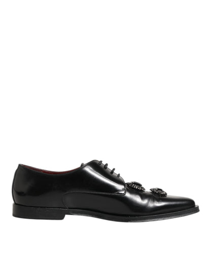 Dolce & Gabbana Black Leather Jeweled Crystals Derby Shoes