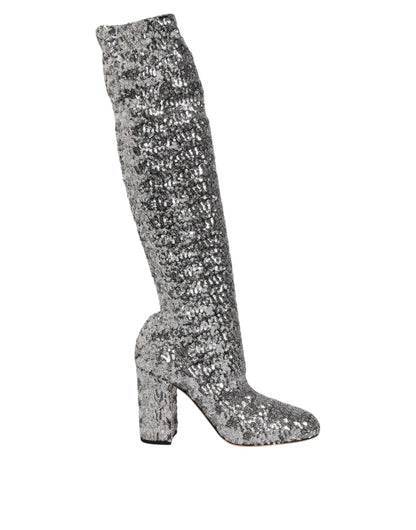 Dolce & Gabbana Silver Sequins Glitter High Heel Boot Shoes