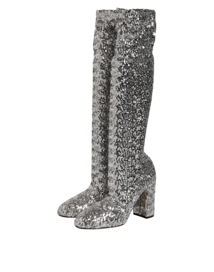 Dolce & Gabbana Silver Sequins Glitter High Heel Boot Shoes