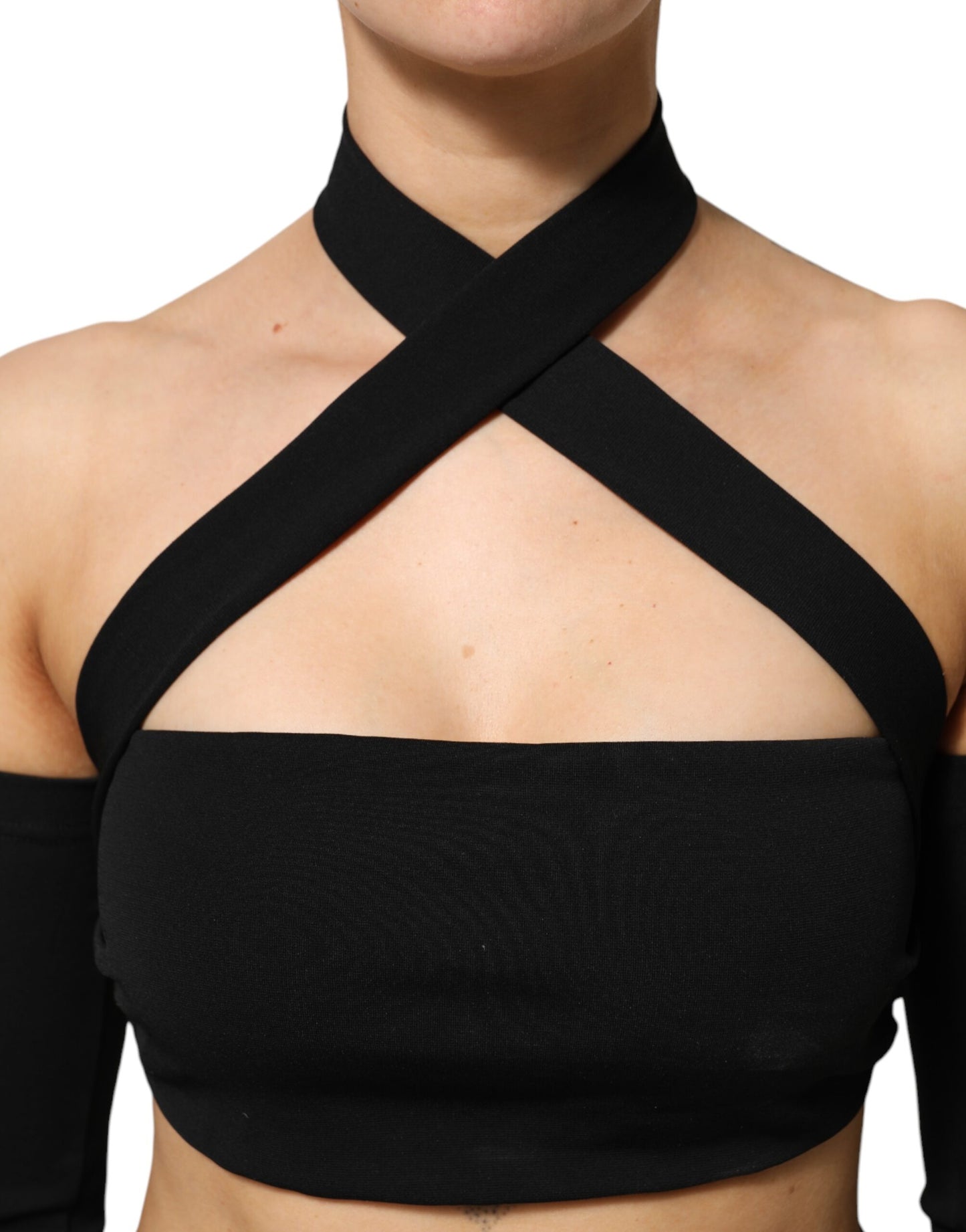 Dolce & Gabbana Black Viscose Halter Off Shoulder Cropped Top