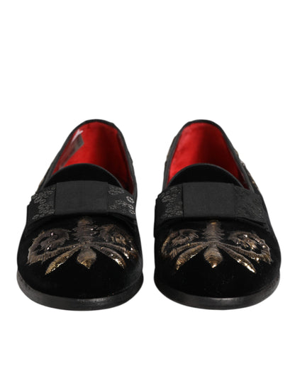 Dolce & Gabbana Black Velvet Embroidery Formal Loafers Shoes