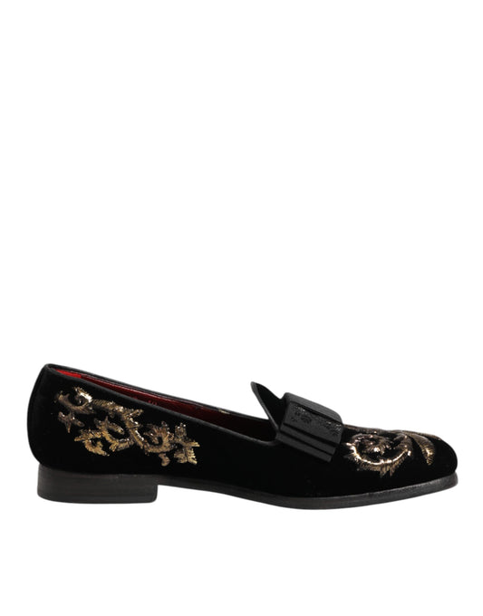 Dolce & Gabbana Black Velvet Embroidery Formal Loafers Shoes