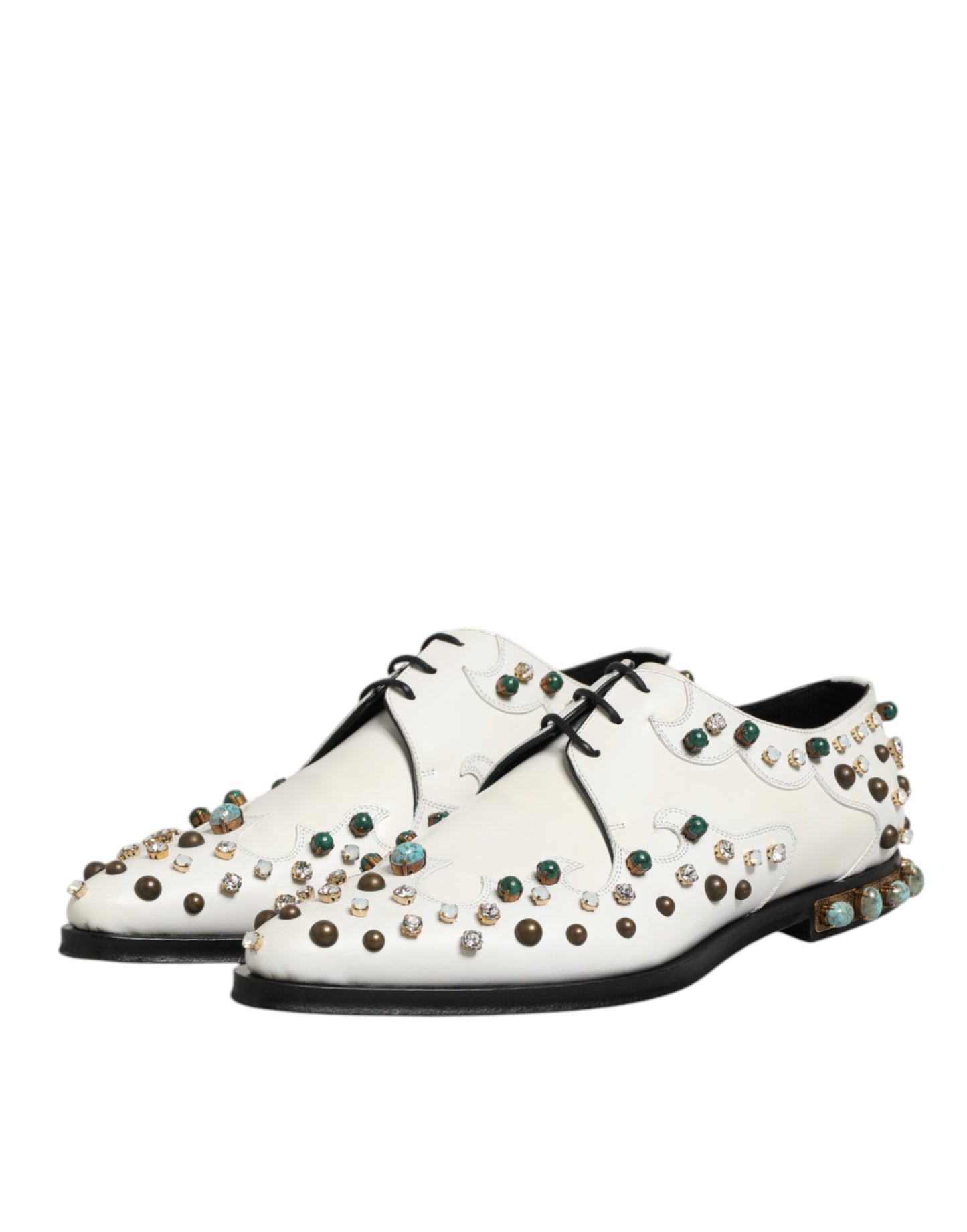 Dolce & Gabbana White Leather Crystals Embellished Derby Shoes