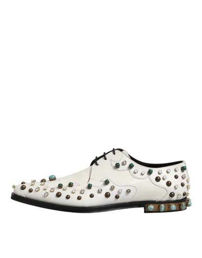 Dolce & Gabbana White Leather Crystals Embellished Derby Shoes