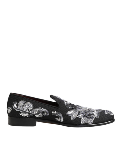 Dolce & Gabbana Black Silver Sequined Loafers Men Dress Shoes