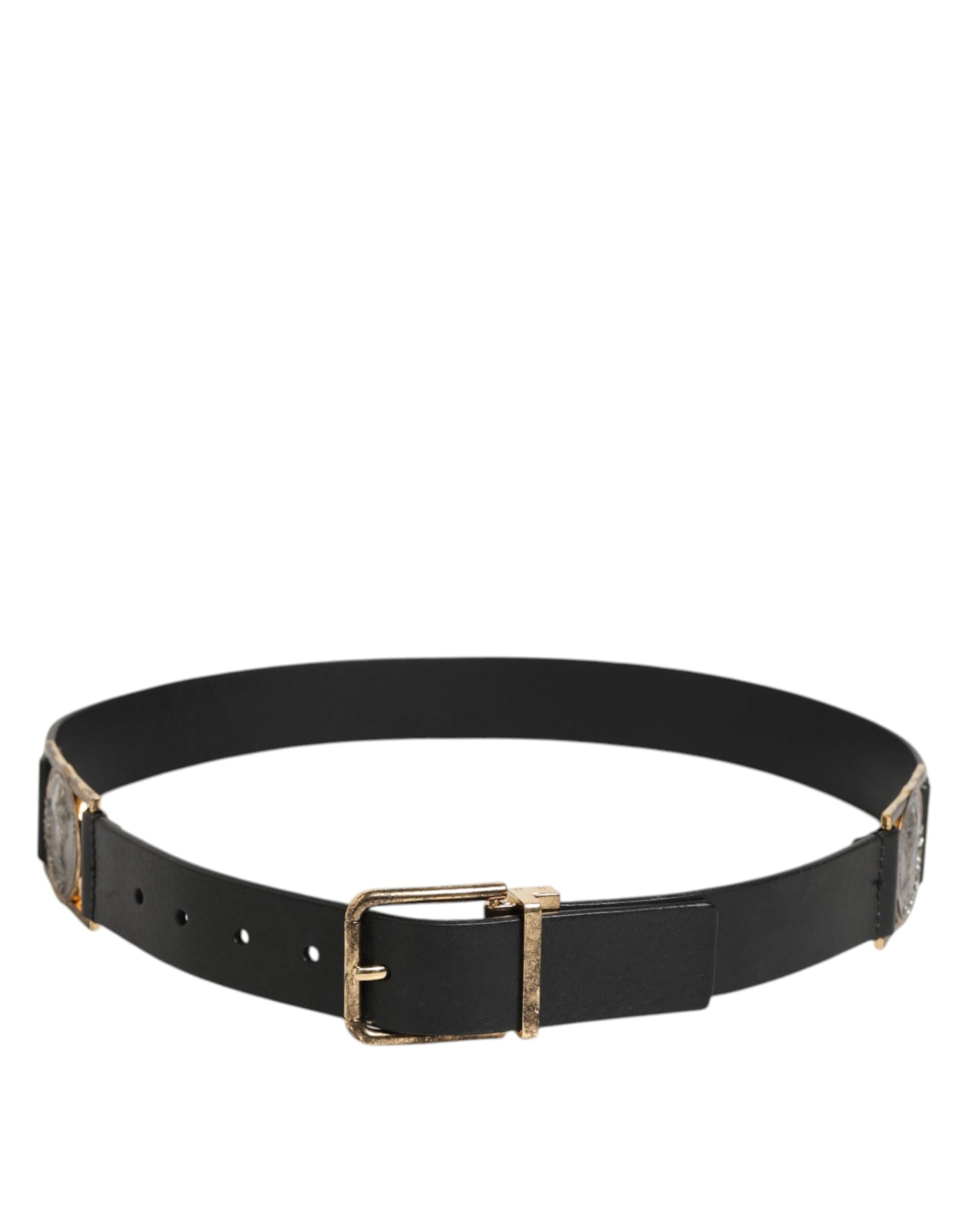 Dolce & Gabbana Black Leather Gold Silver Coin Buckle Belt