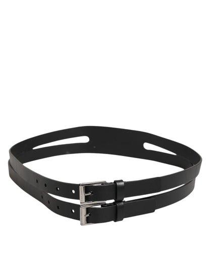 Dolce & Gabbana Black Double Strap Leather Silver Buckle Belt
