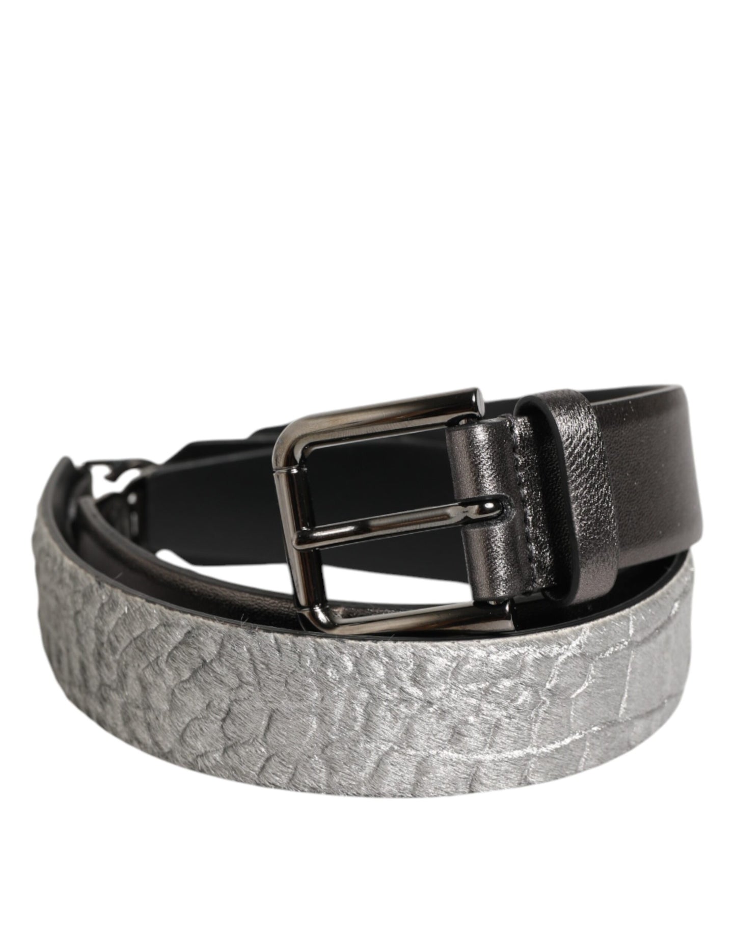 Dolce & Gabbana Black Silver Pebbled Texture Leather Buckle Men Belt