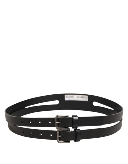 Dolce & Gabbana Black Double Strap Leather Silver Buckle Belt