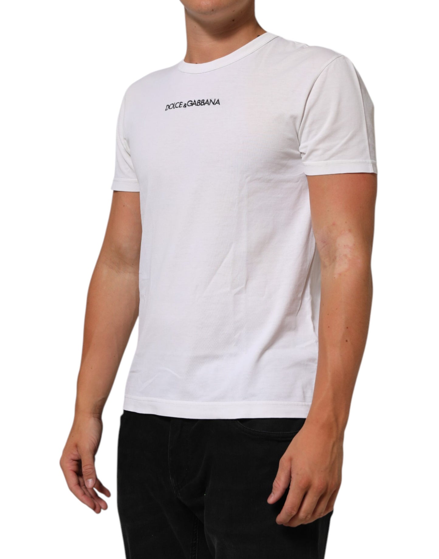 Dolce & Gabbana White Logo Print Cotton Crew Neck Men T-shirt