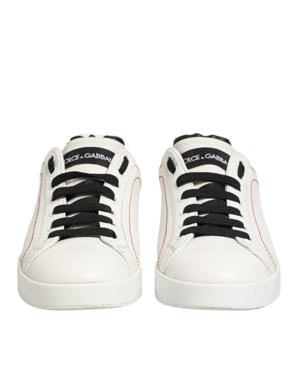 Dolce & Gabbana White Black Leather Low Top Sneaker Shoes