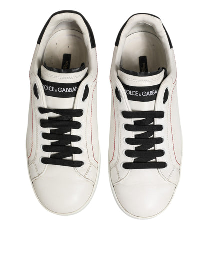 Dolce & Gabbana White Black Leather Low Top Sneaker Shoes