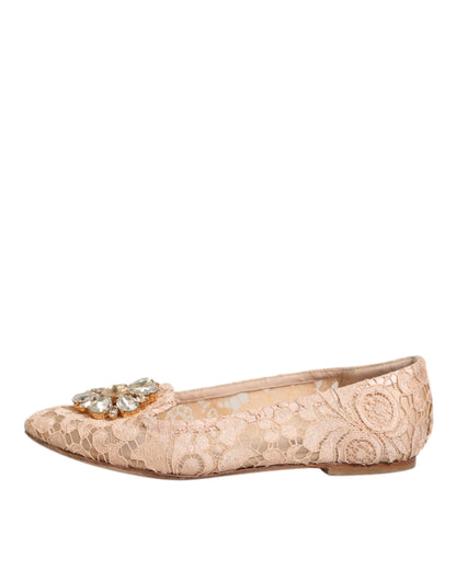 Dolce & Gabbana Beige Taormina Lace Crystals Flats Shoes