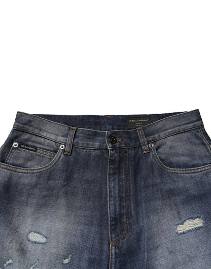 Dolce & Gabbana Blue Tattered Cotton Straight Men Denim Jeans